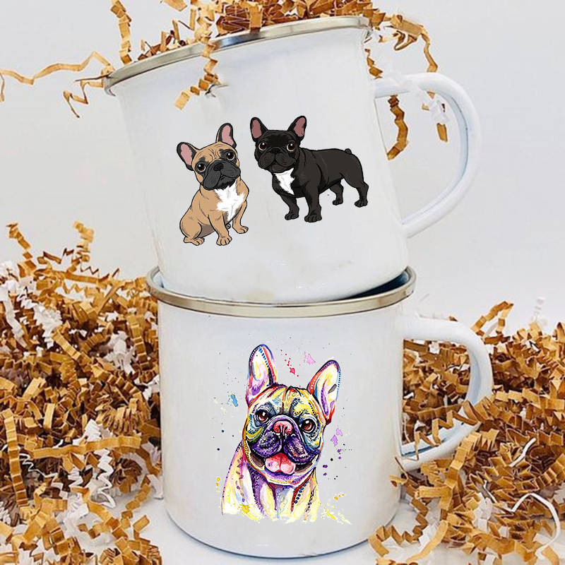 Taza de esmalte con estampado de Bulldog, tazas creativas para café, té, desayuno, leche, Camping, con asa, para amantes de los perros