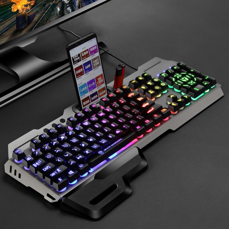 Gaming Keyboard Imitation Mechanical Keyboard 104 Keys Breathing Lamp Anti-ghosting hand rest Wired Keyboard For Desktop Laptop: Black Transparent