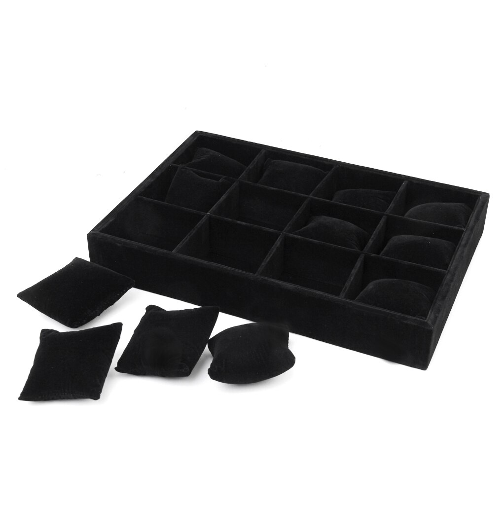thumbnail image 2 of USJS Black Glass Top Jewelry Display Box – 12 Compartments – Wood With Leatherette Finish 2 of 6