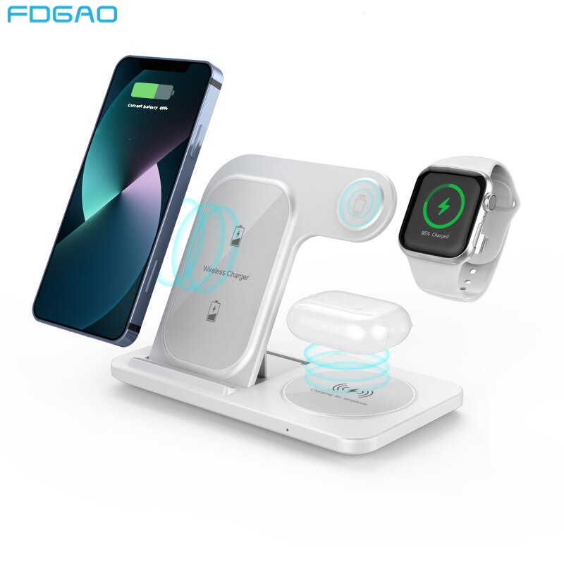 3 In 1 15W Fast Qi Wireless Charger Stand for iPhone 13 12 11 XR X 8 Airports Pro Apple Watch 7 6 Foldable Charging Phone Holder