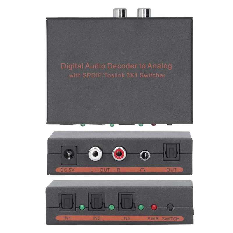 Decodificador de Audio Digital de fibra óptica para SPDIF/AV/RCA, convertidor de 100-240V, 3x1