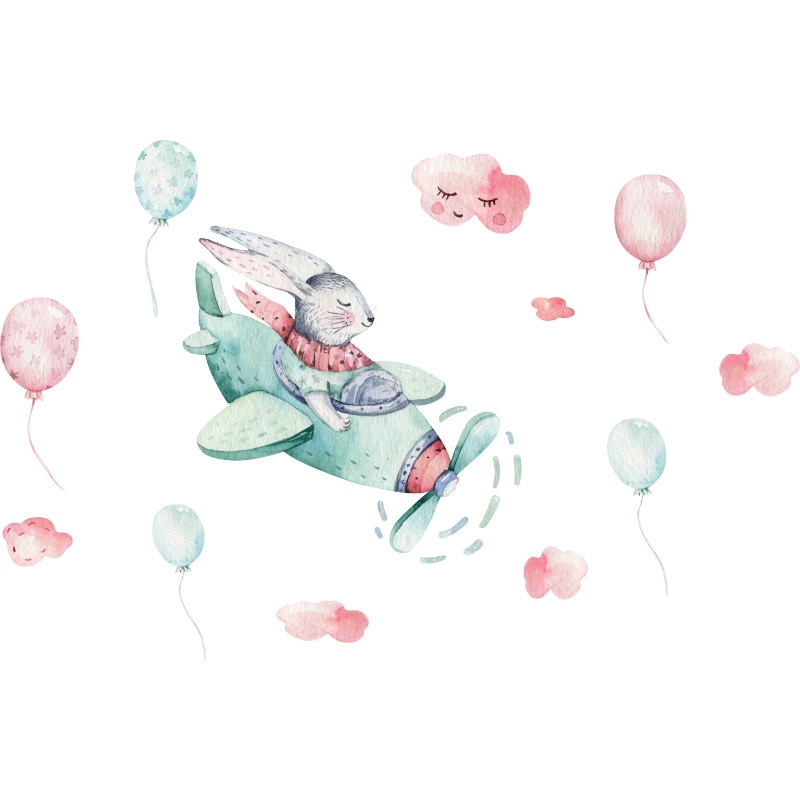 Tegneserie akvarell kanin himmel ballong vegg klistremerker til barnesoverom barnehage trapp hjem dekor baby jenter