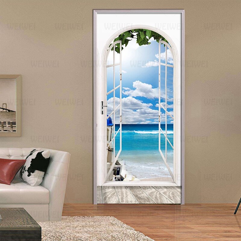 Sea View From The Window Wallpaper Wall Stickers PVC Self-adhesive Removable 3D Door Stickers Mural Bedroom Door Decor Poster
