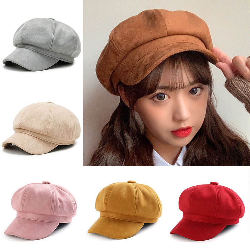 Newsboy Caps Women Gatsby Octagonal Hats Baker Peaked Beret Driving Female Sunscreen Hats Painter Tour Winter Suede Retro Cap
