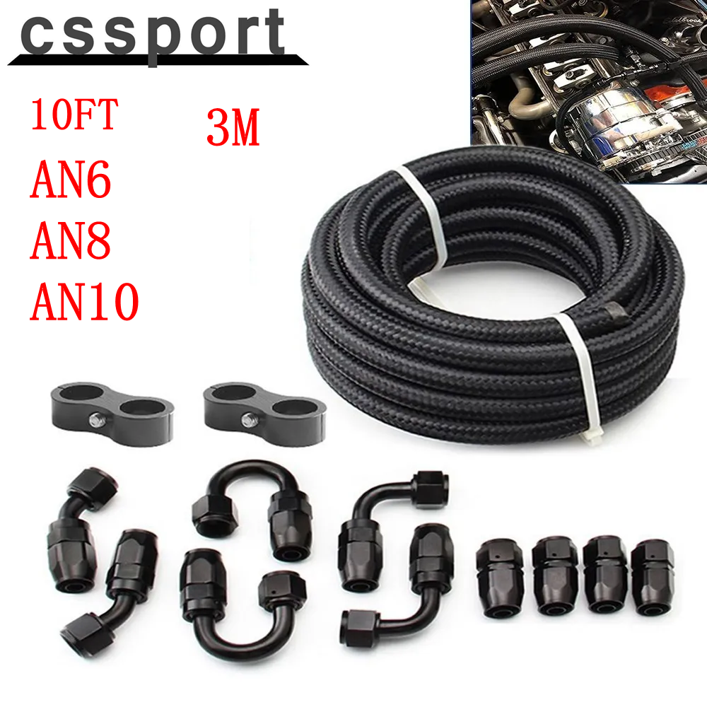 10ft An6/An8/An10 Olie Brandstof Fittingen Slang Einde 0 45 + 90 + 180 Graden Olie Adapter Kit Gevlochten Olie Brandstofslang Lijn 3M Zwart Met Klemmen
