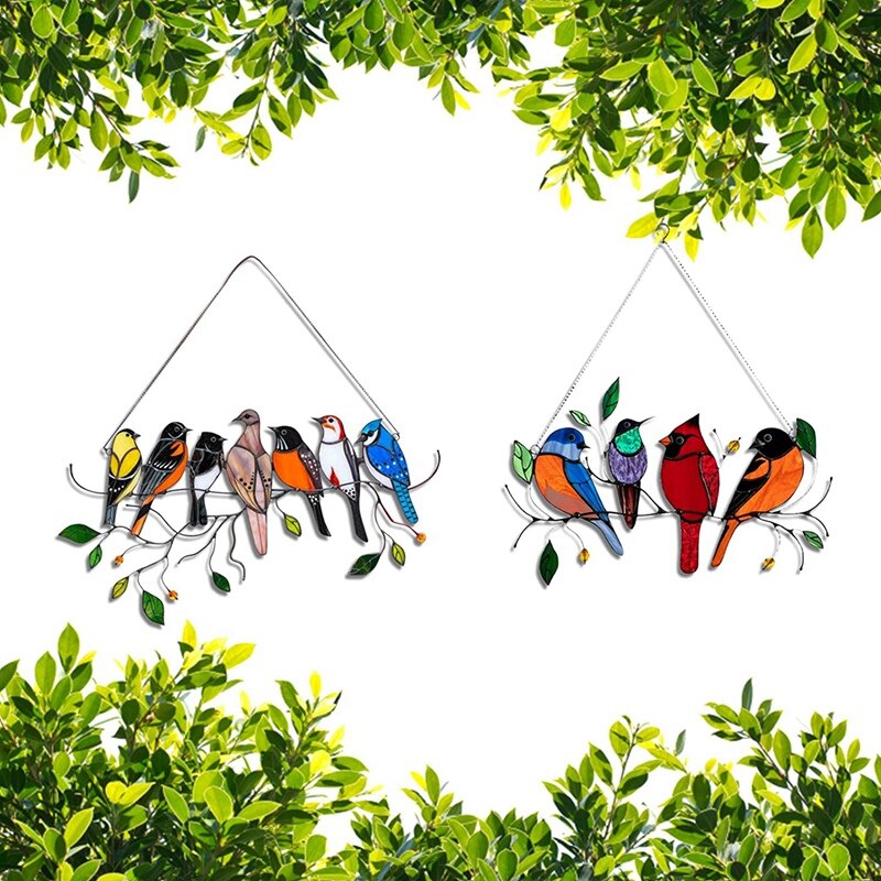 Nowe 2 szt. Ptaki witraże szklane okno, ptaki na drucie, witraże ptaki okna zasłony duży płyta, Suncatcher