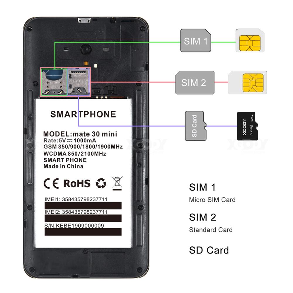 XGODY 3G Smartphone portable Mate 30 Mini Android 9.0 5.5 "18:9 1GB 4GB MTK6580 Quad Core 5MP WiFi 2200mAh téléphones mobiles double Sim