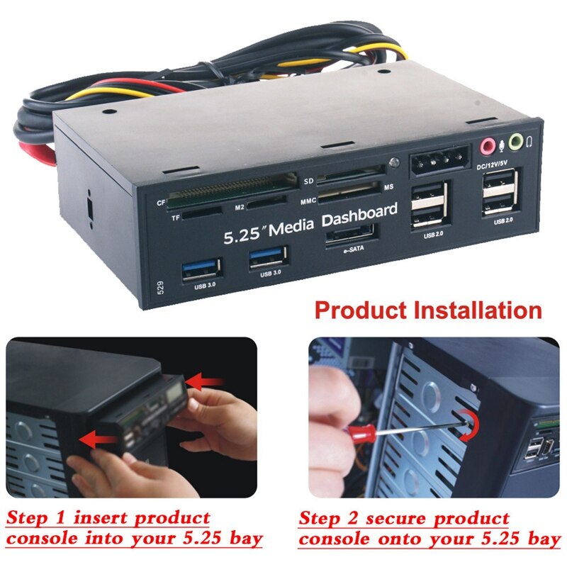 5.25inch Media Dashboard All-In-One Multi-Function Card Reader USB3.0 HUB ESATA Port PC Dashboard Media Front Panel