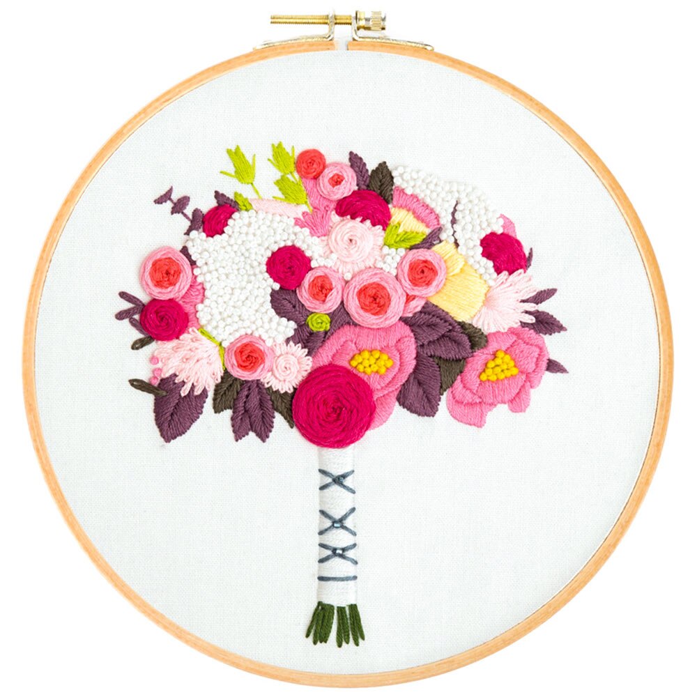 DIY Stamped Embroidery Starter Kit With Flowers Plants Pattern Embroidery Cloth Color Threads Tool Kit Handmade Embroidery