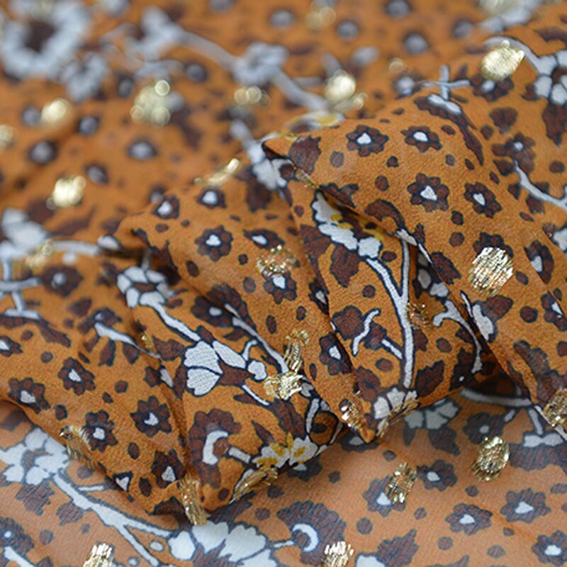 100cm*135cm gull glitter silke georgette gasbind stoff for kjole leopard floral