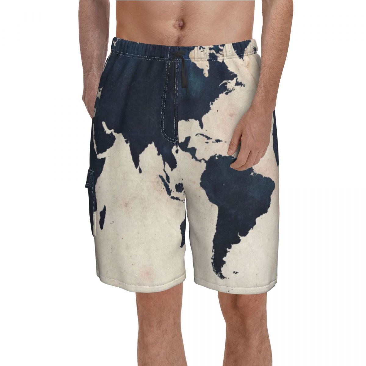 Short de bain avec imprimé de la carte du monde pour hommes, culotte de planche, pantalon court, taille élastique, maillot de bain confortable, grande taille, offre spéciale: M