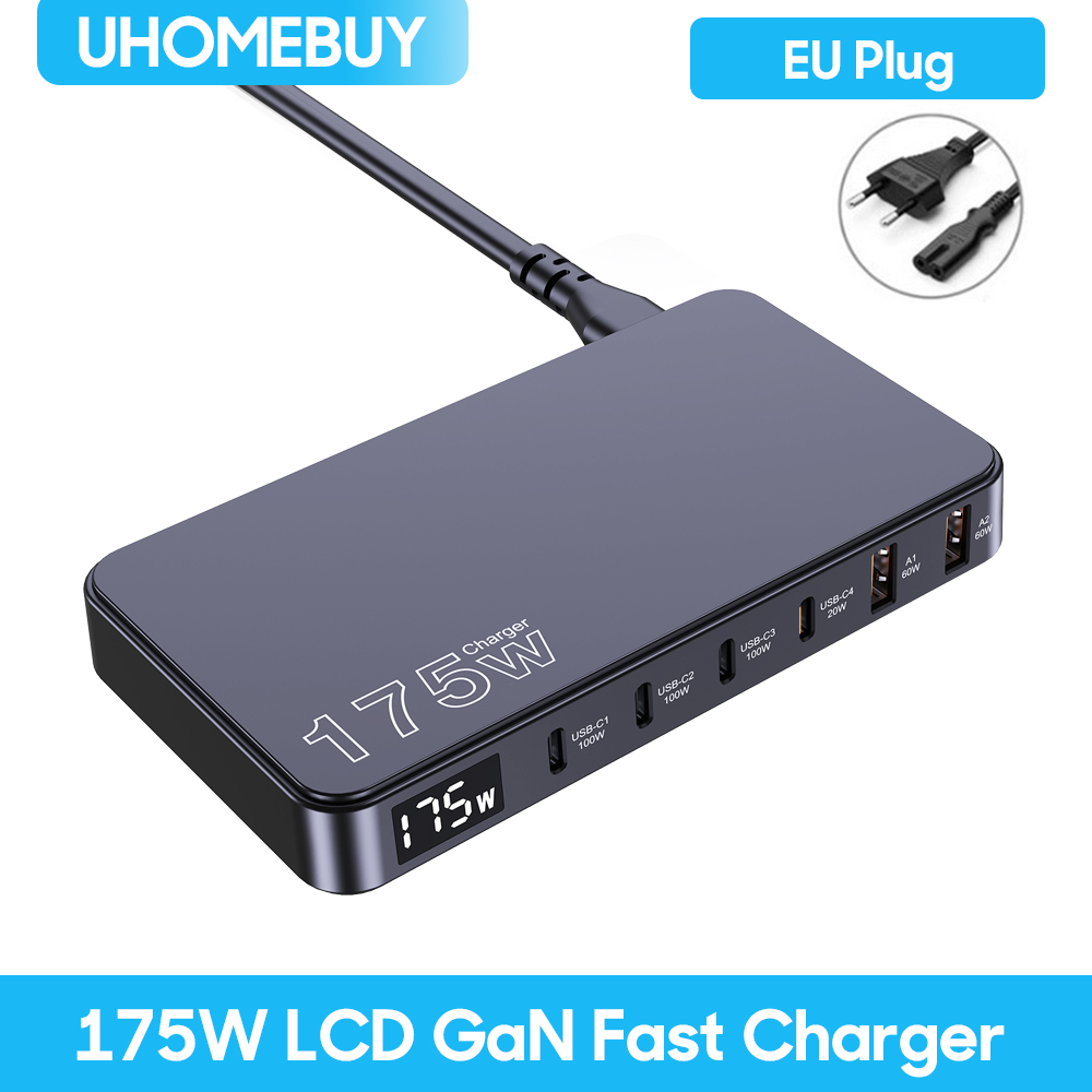 UHOMEBUY-Chargeur de bureau ultra-mince, charge rapide pour Samsung iPhone, affichage numérique, type C, PD, 175W, GaN, USB C, 100W, PPS45W: Gris foncé