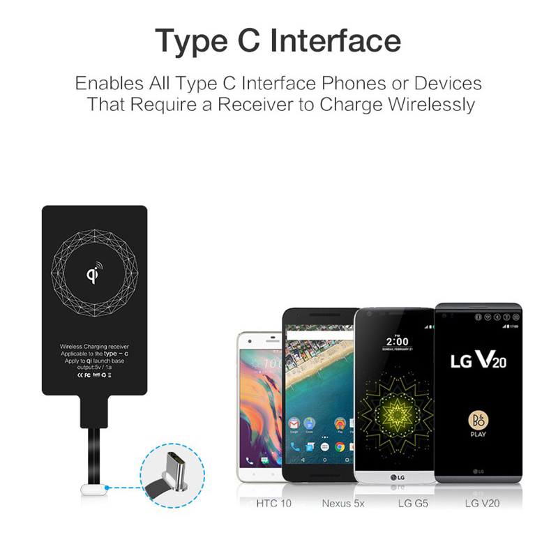 Récepteur universel de charge sans fil Qi Android, chargeur sans fil de type C, patch micro USB pour smartphone iPhone 6, 7