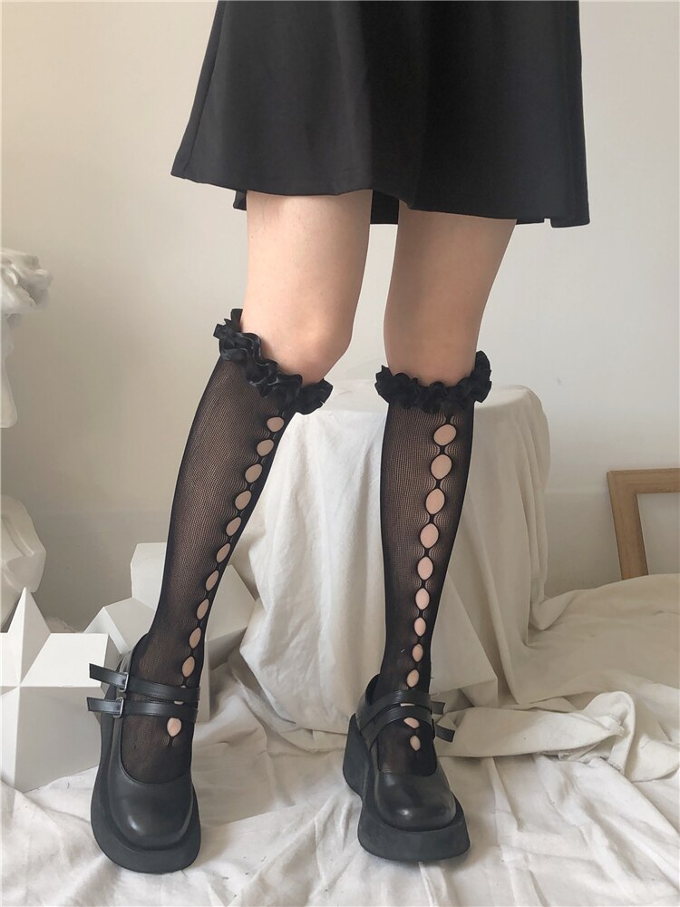 Kant Houten Oor Kalf Sokken Vrouwen Japanse Jk Zachte Zus Leuke Buis Witte Kousen Ins Mode Zomer Dunne Slang: Black