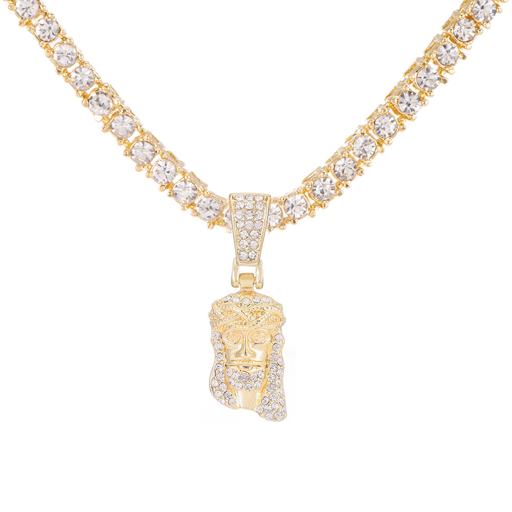 Colgante de cara de cabeza de pieza de Jesucristo para hombres, collar con dije de cristal brillante helado con cadena, joyería de Hip Hop: 70 cm / Oro oscuro