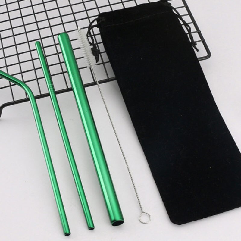 5PCS Reusable Metal Straw Eco Friendly 304 Stainless Steel Straw Cleaning Brush Pink Drinking Straws Bubble Tea Bag Pouch Set: Green