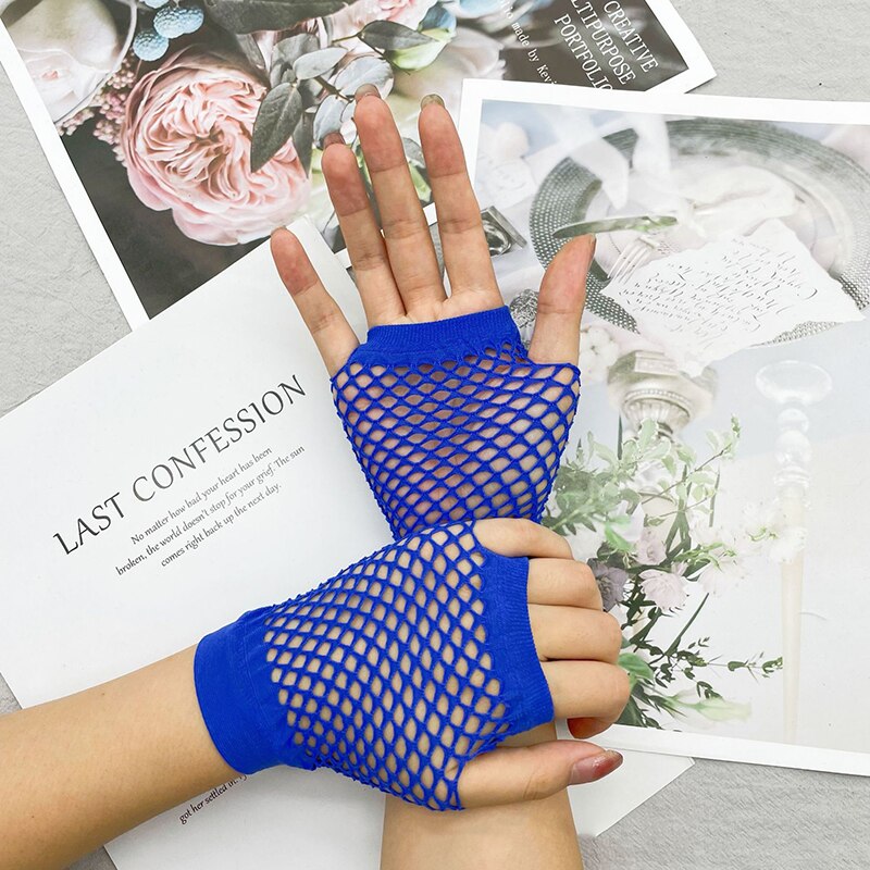 Guantes de rejilla para mujer, manoplas cortas de medio dedo, Multicolor, sexys, elásticos, de malla hueca, Punk, sin dedos, K72: Sapphire Blue