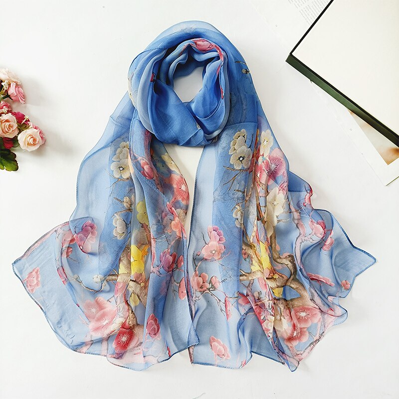 Mode Zon Zijden Sjaal Vrouwen Bloem Georgette Bandana Elegante Zee Strand Shawl Soft Hijab Lange Dunne Zijden Sjaal: 8