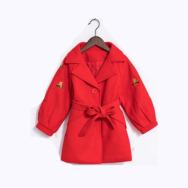 Girls Wool Long Coats with a Belt Teen Winter Coat Belted Quilted Bee Pattern Clothing For Kids Trench Coat Belt Buckles: Red / 4
