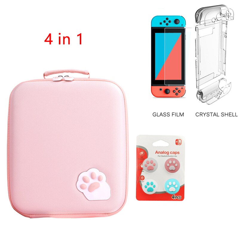 Bolsa de almacenamiento con garra de gato para Nintendo Switch, carcasa dura para consola NS: pink 4 in 1