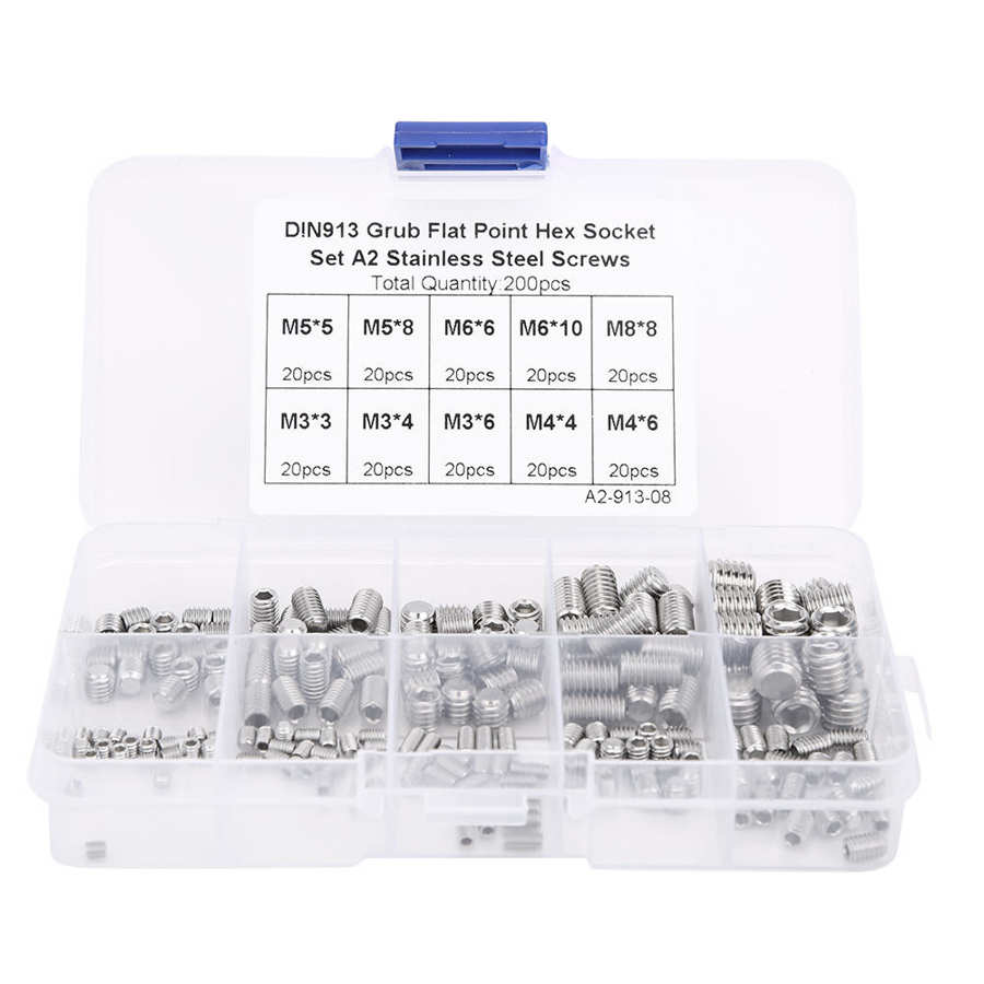 200pcs Stainless Steel Flat Point Hex Socket Grub Screw for Precise Instrument M3/M4/M5/M6/M8 Screw Set