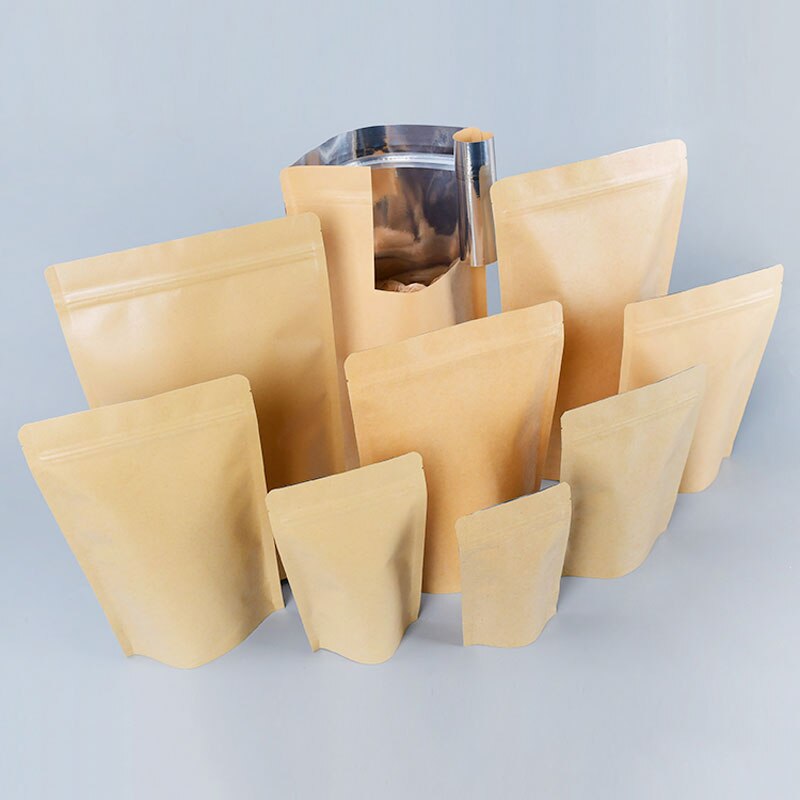 Sacs en papier Kraft brun, 50 pièces, pochette Stand-Up refermable à la chaleur, pochette à fermeture éclair pour stockage des aliments de café, sacs de cuisson pour toxicomanes