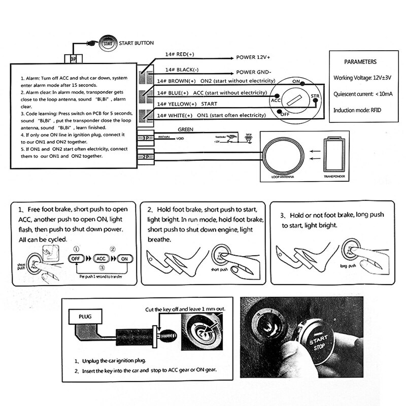 12v bil motor tryk start stop knap tænding rfid nøglefri fjernbetjeningsalarm