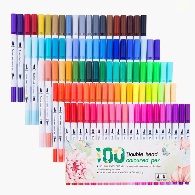 100 stk farverige kuglepenne med tip tip børste markør pen akvarel fine liner kunstmarkører til farvning tegning maleri kalligrafi