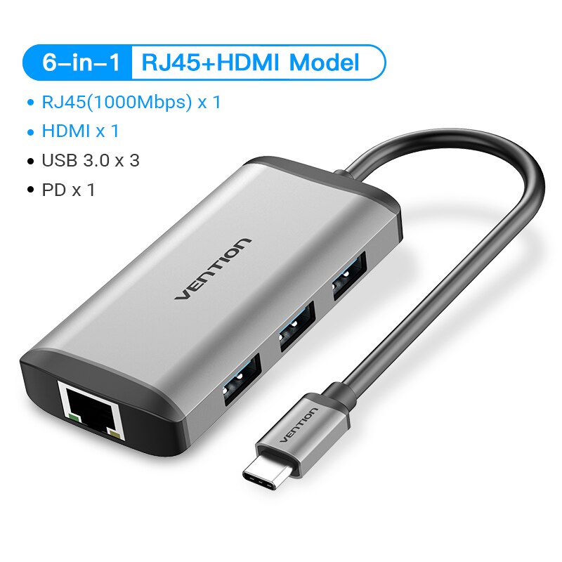 Ventie Thunderbolt 3 Dock Adapter Hub Usb C Naar Hdmi RJ45 Usb 3.0 Audio Video Splitter Voor Macbook Samsung Huawei usb C Adapter: 6 in 1-CNC