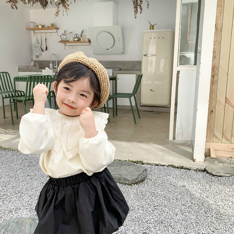 Forår koreansk stil bomuld ren farve prinsesse all-match bundtrøje med stor krave til søde søde babypiger