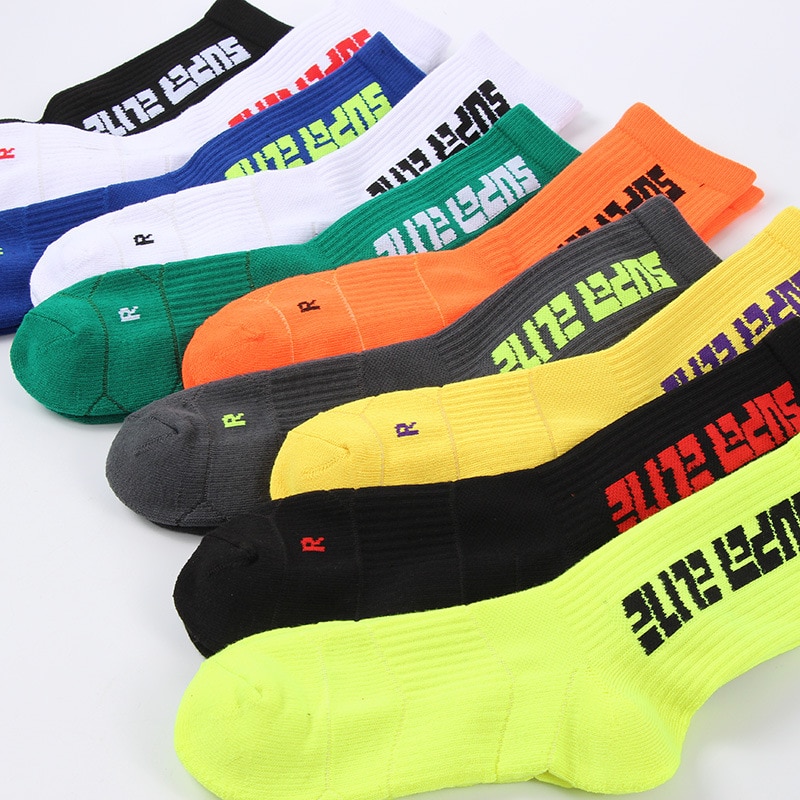 4 Pairs Sports Socks Crazy Letter Men Basketball Cycling Running Hiking Navy Sock Set With Terry Shock Absorption Walking Sock