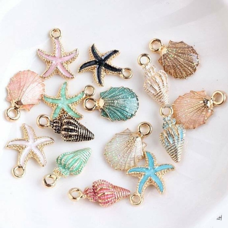 15pcs Cute Starfish Conch Sea Shell Charms Pendants Ocean Style Anklet Bracelet Necklace Jewelry DIY Craft Accessories