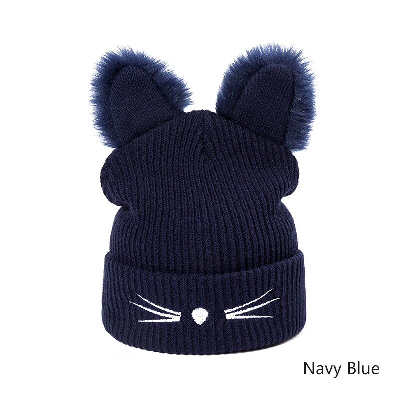Wintermuts vrouw casual cartoon kat warme zachte skullies mutsen coole muts voor dames muts jongens meisjes: Marineblauw