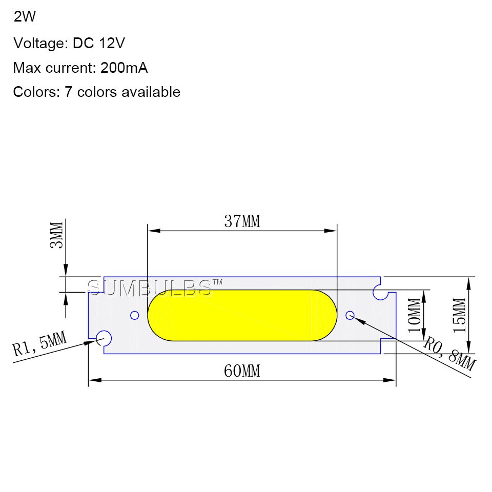10pcs/lot COB LED Module White Yellow Orange Green Blue Red Purple 60x15mm 2W DC 12V DIY LED Chip Matrix Lamp Bulb 60MM Lights