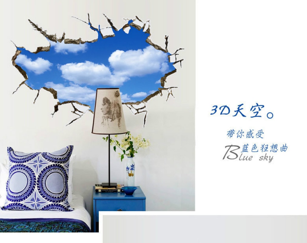 3d sky clounds and moon wall sticker wall decor blue sky waterproof bedroom wall stickers can living room