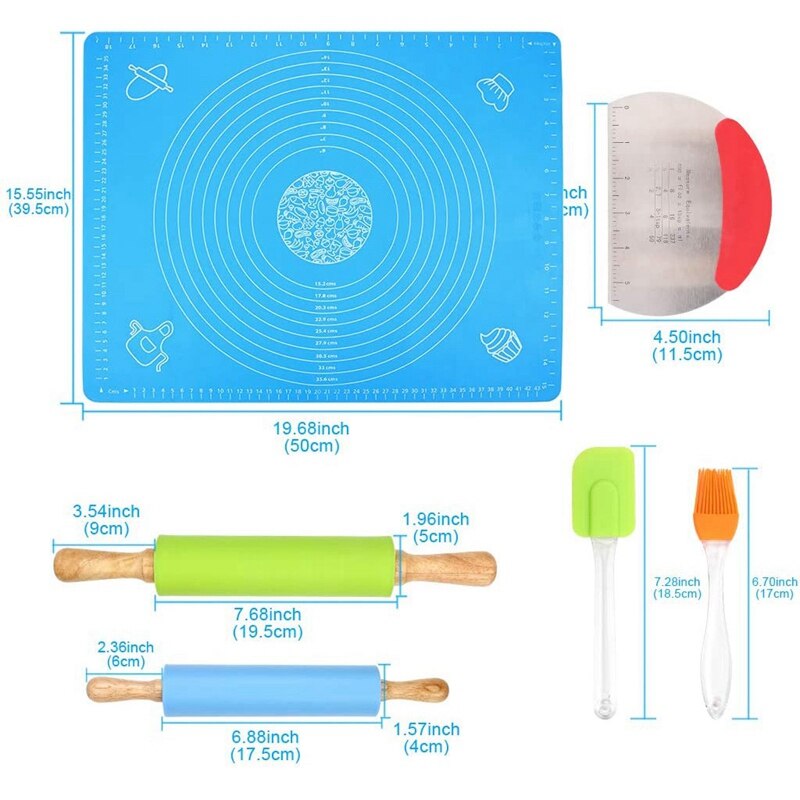 Rolling Pin Pastry Mat Set, non-stick Deeg Roller Bakken Met Gebak Cutter Herbruikbare Kneden Mat Schraper Insmeerborstel