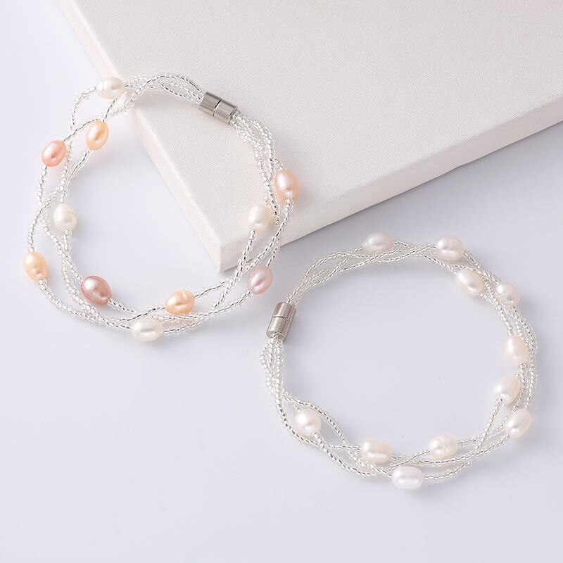 HUANZHI Neue Koreanische modisch Magnetische Mischfarben Natürliche Süßwasser Perle transparent Perlen Armbinde für Frauen Mädchen Schmuck