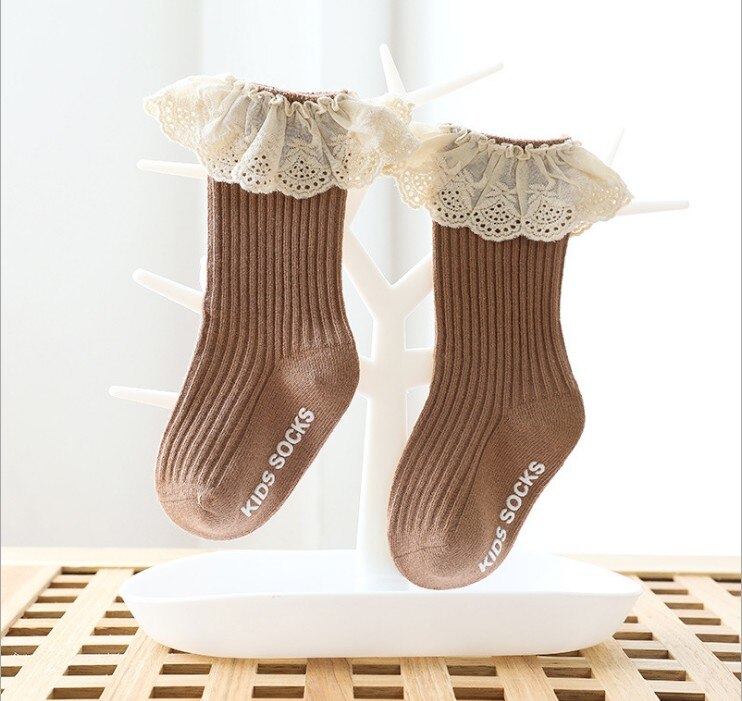 1-3Y 4 Farben freundlicher Kleinkinder Mädchen Kniehohe Lange Weiche Baumwolle Blumen- Spitze Rüschen trimmen Baby freundlicher Nette Alle spiel socken: D / 0-1 Jahr