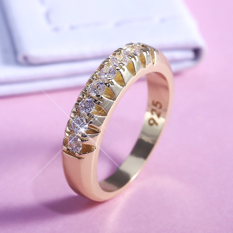 Shine Inlay Enkele Rij Kristallen Ring Voor Vrouwen Luxe Charme Gouden Kleur Ringen Engagement Roestvrij Stalen Ringen Sieraden