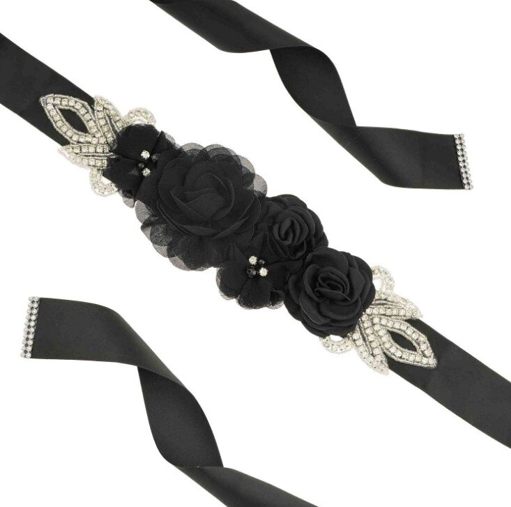 Green Blue Blush Pink White Flower Belts For Women Girl Flower Style Bridal Prom Dress Accessories Bridesmaid Sash Floral Belt: black