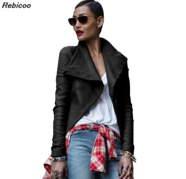 Europa trendig chic jacka kvinnor solid svart/silver bred biker lapel konstläder långärmad höst korta jackor kappa: Xl