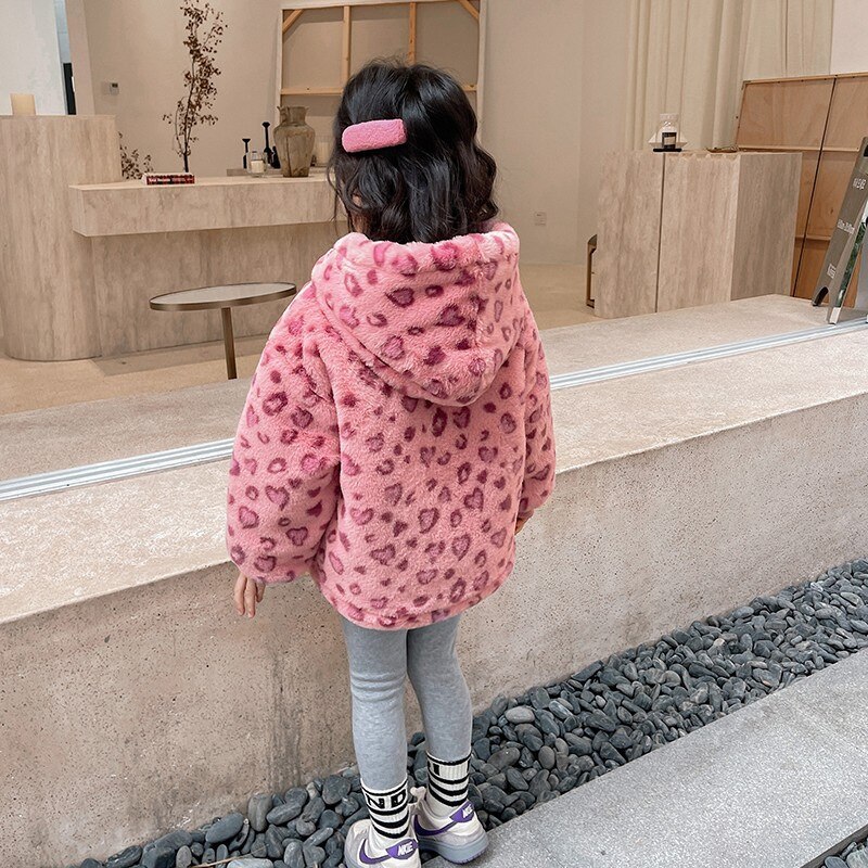 Girls Winter Hooded Jacket Fuzzy Thick Warm Pink Leopard Print Coat 3-7 Years Children Zipper Pink Outerwear Clothes