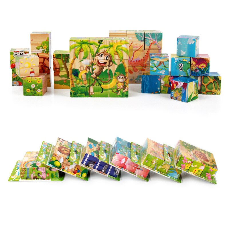 9 teile/satz Karikatur 6 Seiten Malerei 3d Würfel Puzzle Holz Puzzle Ebene Obst Verkehrs früh Bildung Lernen Spielzeug Für freundlicher