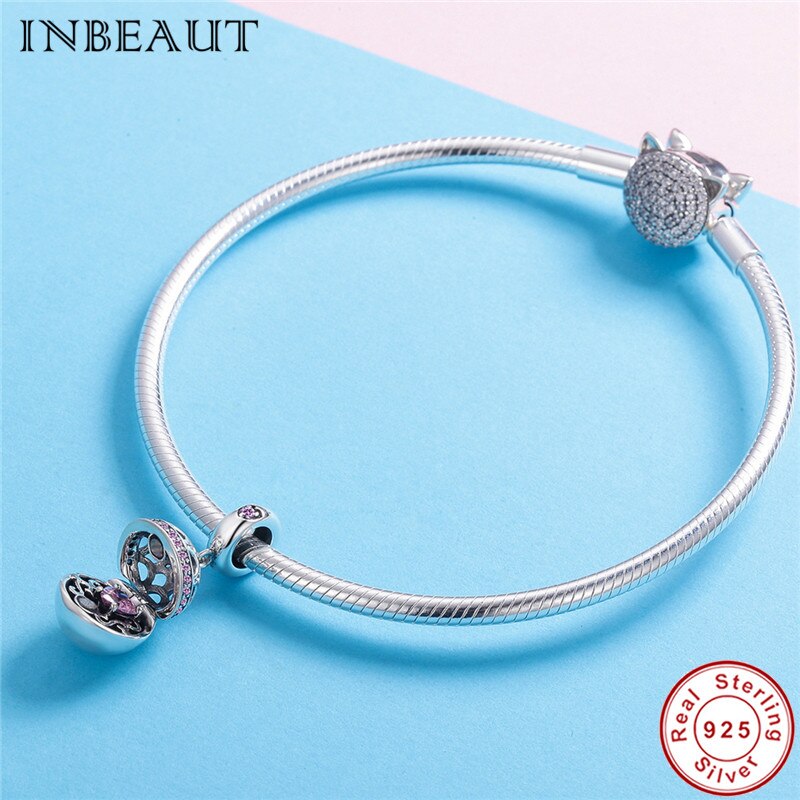 Inbeaut 925 Sterling Zilveren Suprising Liefde Roze Hart Zirkoon Vintage Ronde Openen Box Kralen Charm Fit Armband Meisjes