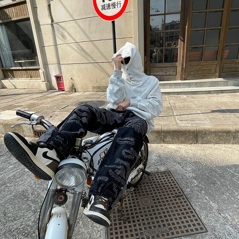 High Street Patchwork Jeans Men Black Hip Hop Streetwear Punk Denim Pants Harajuku Oversized Ripped Straight Loose Trousers