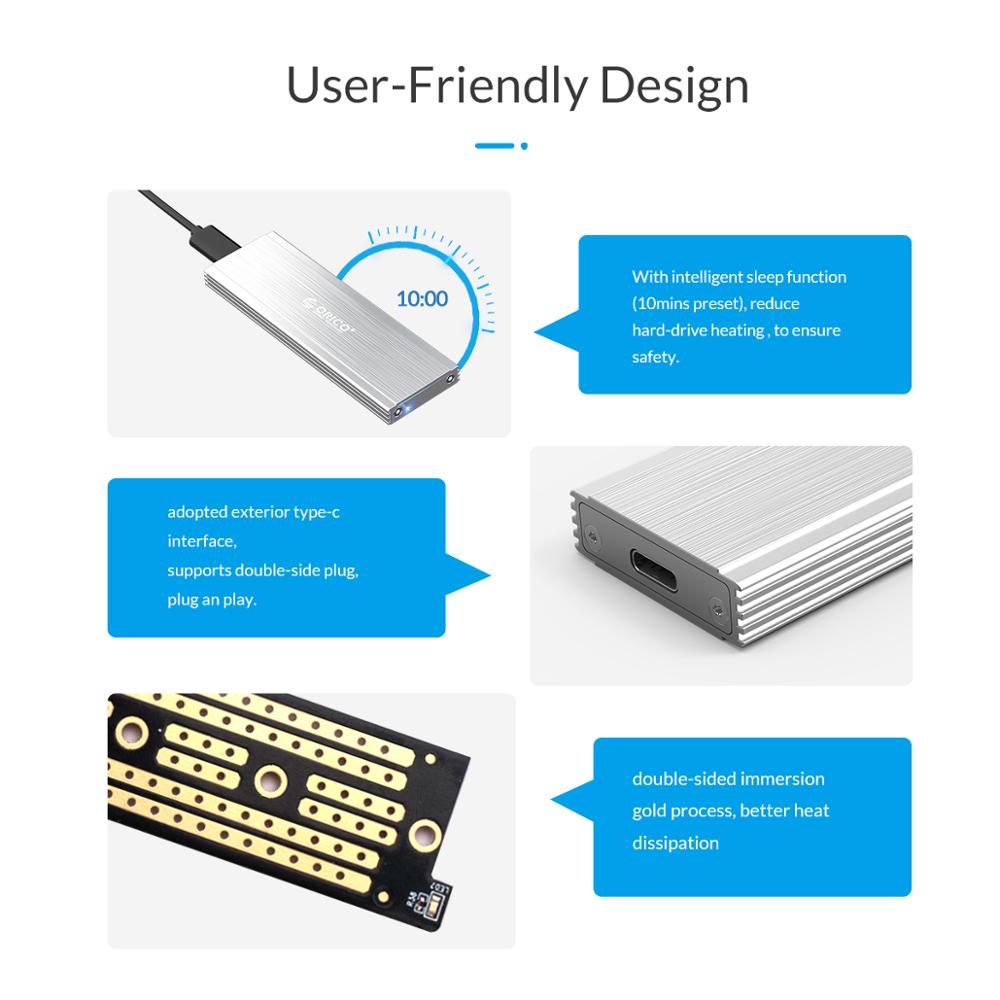 ORICO M.2 SSD Enclosure Adapter NVMe NGFF Aluminum M2 SSD Case USB3.1 Type-C Gen2 10Gbps for 2230/2242/2260/2280 SSD Up to 2TB