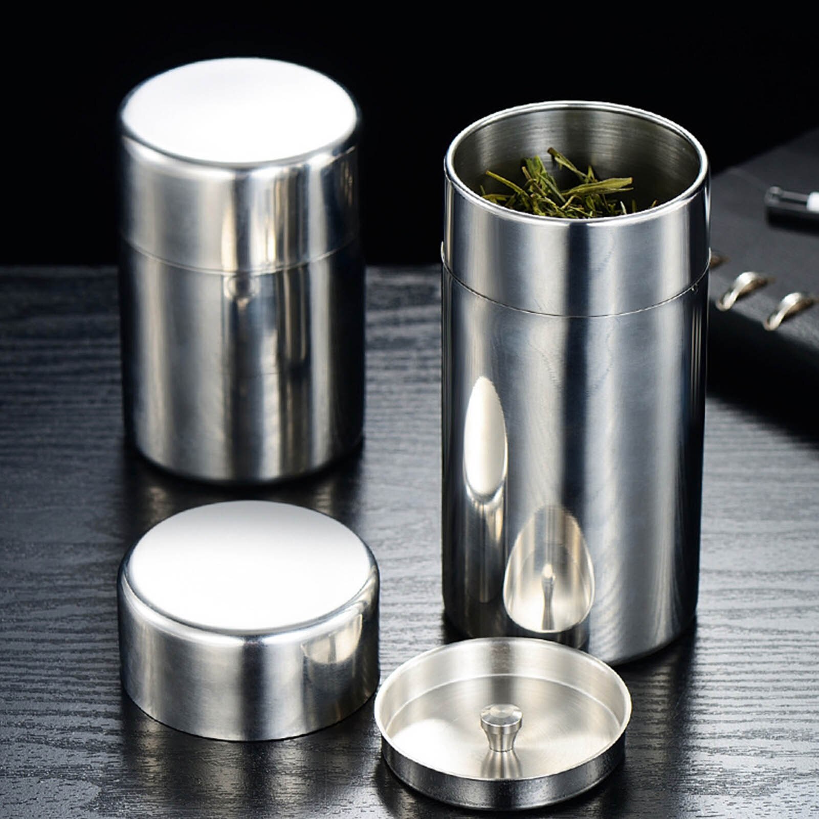 Recipiente de acero inoxidable con tapa hermética para té, recipiente de lata para té suelto, Mini olla de sellado de Metal portátil para el hogar