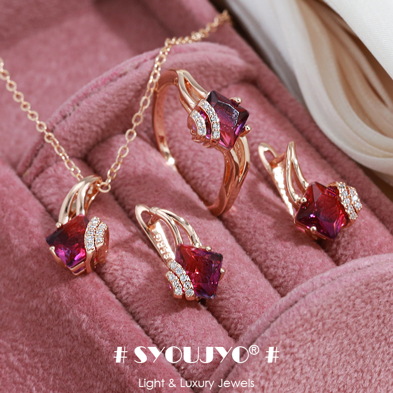 SYOUJYO-Conjuntos de joyería de circón Natural rojo granate Vintage, Color oro rosa 585, vestido de , collar, pendientes, anillo,
