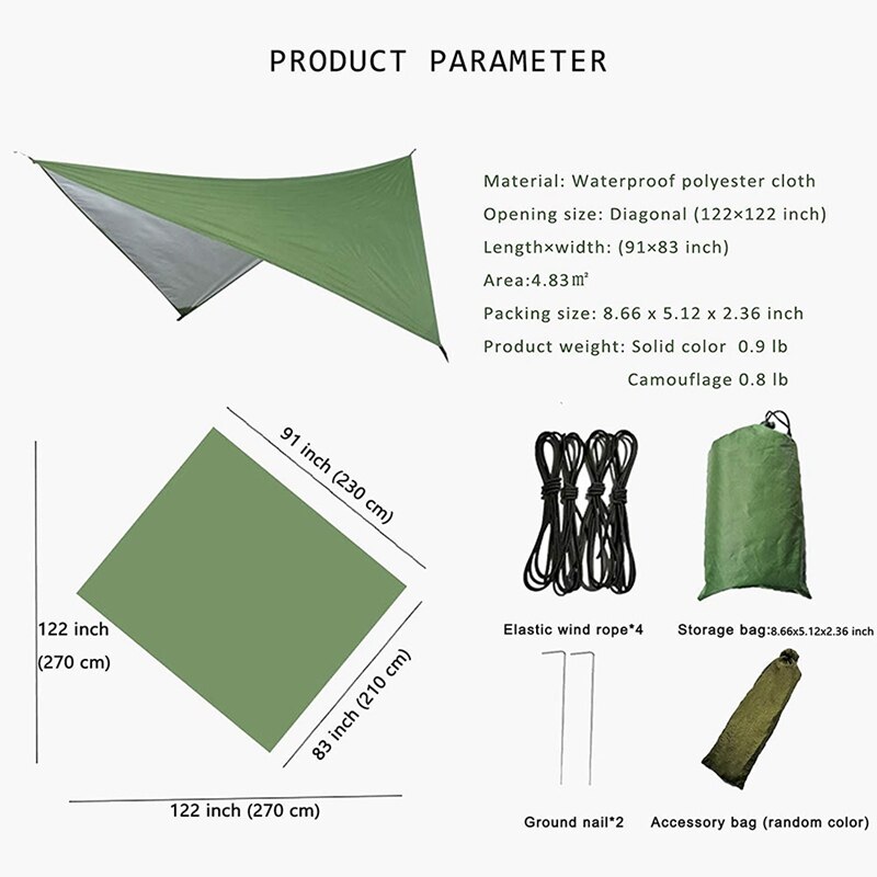 TopCamping Tarp Waterproof,Hammock Rain Fly,Outdoor Moistureproof Picnic Mat,Multifunction Tent,91 x 83 Inch