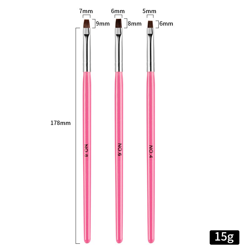 3Pcs Roze Rij Puntjes Dot Builder Platte Schilderij Kristal Carving Uv Gel Nail Art Acryl Polish Tips Pen Borstel manicure Tools Set: Pink Flat